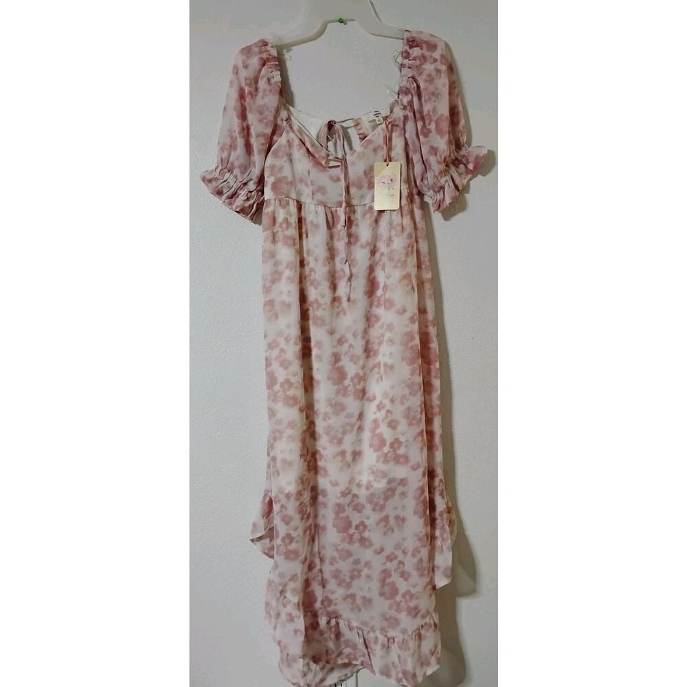 NWT Entro Sheer Floral Pink Ruffle Midi Dress Puff Sleeve Size Small